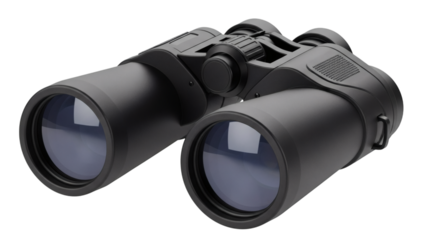 Professional black binoculars for surveillance, exploration, and scientific use showcase high powered lenses with clear visibility