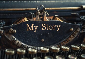 Close-up of vintage typewriter with paper displaying the typed phrase My Story in warm light evoking nostalgia and creativity