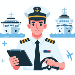 Cruise ship driver with simple and minimalist flat design using white background