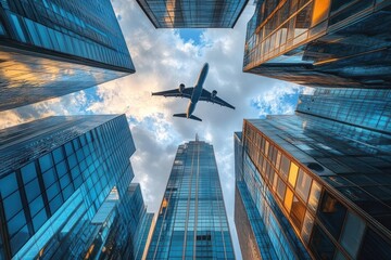 Passenger airplane flying low over modern glass skyscrapers during sunset with blue sky and clouds