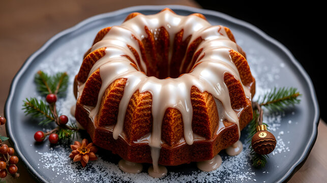 Entire round bundt cake frosted glaze rum brandy holiday dessert