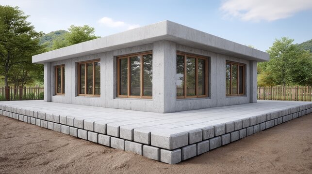 Modern house construction with cement block foundation outdoor setting architectural design contemporary style