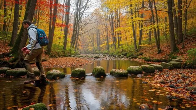 A serene autumn adventure of a hiker navigating rocky stepping stones across a tranquil stream surrounded by vibrant fall foliage in a peaceful forest setting.