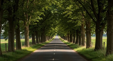 Obraz premium Serene Tree-Lined Road: Perspective, Sunlight, and Lush Greenery.