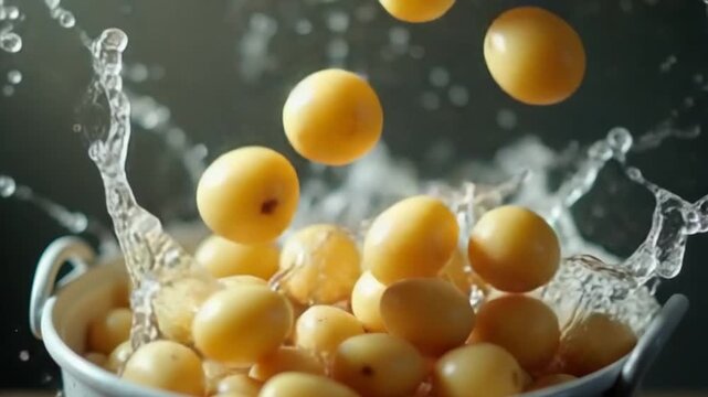 Potatoes fall into a bucket of water. Filmed on a highspeed camera at 1000 fps. High quality FullHD footage