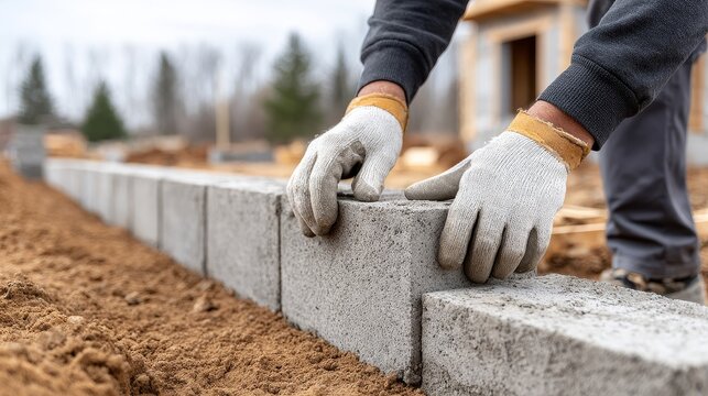 Worker laying cement blocks with precision at construction site urban environment action shot building process