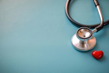 Silver stethoscope placed on light blue surface next to a small red heart figurine symbolizing heart health and medical care