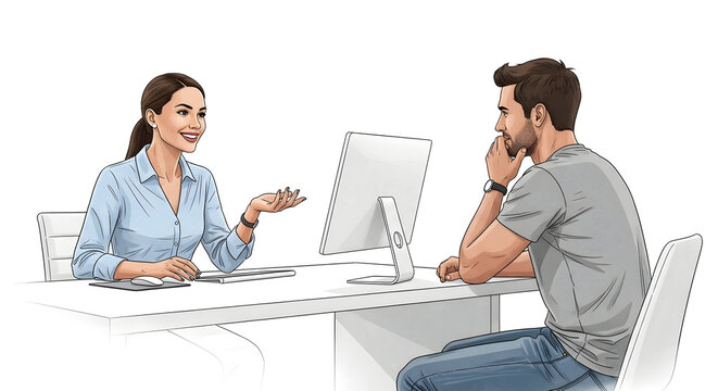 Woman Interviewing Man at Desk with Computer Conversation Concept