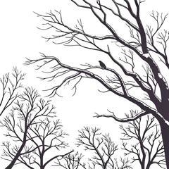 Black tree branches silhouette vector illustration with seamless floral leaf pattern