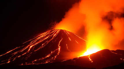 A volcano spewing molten lava into the night sky, the fiery flow lighting up the surrounding terrain as it erupts violently.