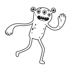 Whimsical cartoon monster greeting with a friendly, waving hand