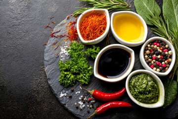 Colorful Collection of Fresh Herbs, Spices, and Oils on Stone Platter