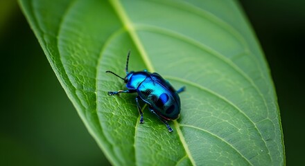 Naklejka premium Blue Beetle on Green Leaf - A Macro View.