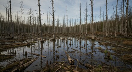 Eerie Stillness: Dead Trees Reflect in Dark Swamp Water, Overcast Sky