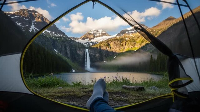 Relaxing View from a Tent in Majestic Nature: Peaceful Morning by the Lake with a Stunning Waterfall Surrounded by Lush Greenery and Majestic Mountains