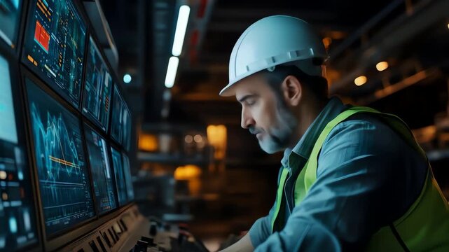 An engineer in a hard hat and safety vest examines data on multiple monitors