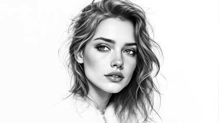 Naklejka premium Black and white portrait of a young woman with wavy hair looking directly at the viewer on white background