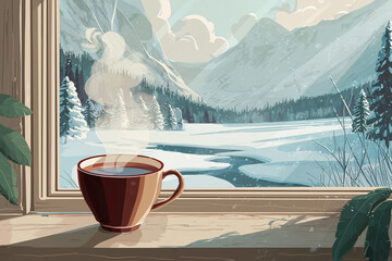 illustration vector cozy autumn winter banner template, steaming coffee tea cup