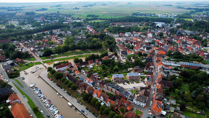 Aerial panorama of the downtown of the city Tönning in Germany on a sunny summer day.