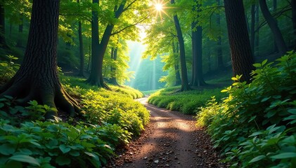 Obraz premium A winding mountain trail disappearing into a lush forest, sunlight dappling through the trees Perfect for adventure and nature themes , ascent, recreation