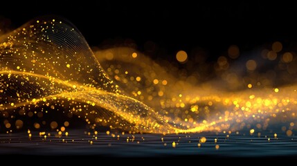 Abstract golden waves of light particles on a dark background
