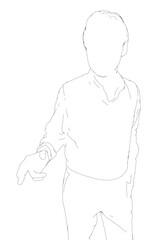 An old man in a suit with a serious expression, drawn in black and white contour lines against a plain background.