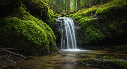 Fototapeta premium Gentle Waterfall's Silky Veil Over Vibrant Green Moss in a Secluded Forest Haven.