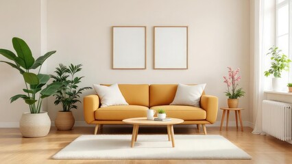 Fototapeta premium Living room interior with yellow sofa, two frames, plants, and a round wooden coffee table