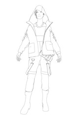 A woman in military clothing and hoodie holds equipment, a gun, in contour sketch style. Vector illustration