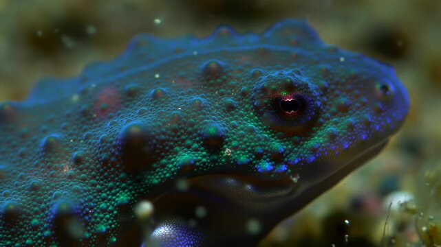 Closeup of a colorful, textured amphibian in its natural habitat.