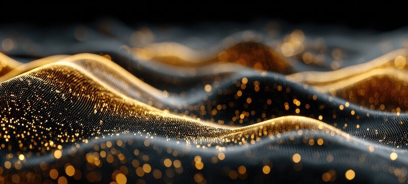 Abstract gold particles flowing in wavy patterns on a dark background