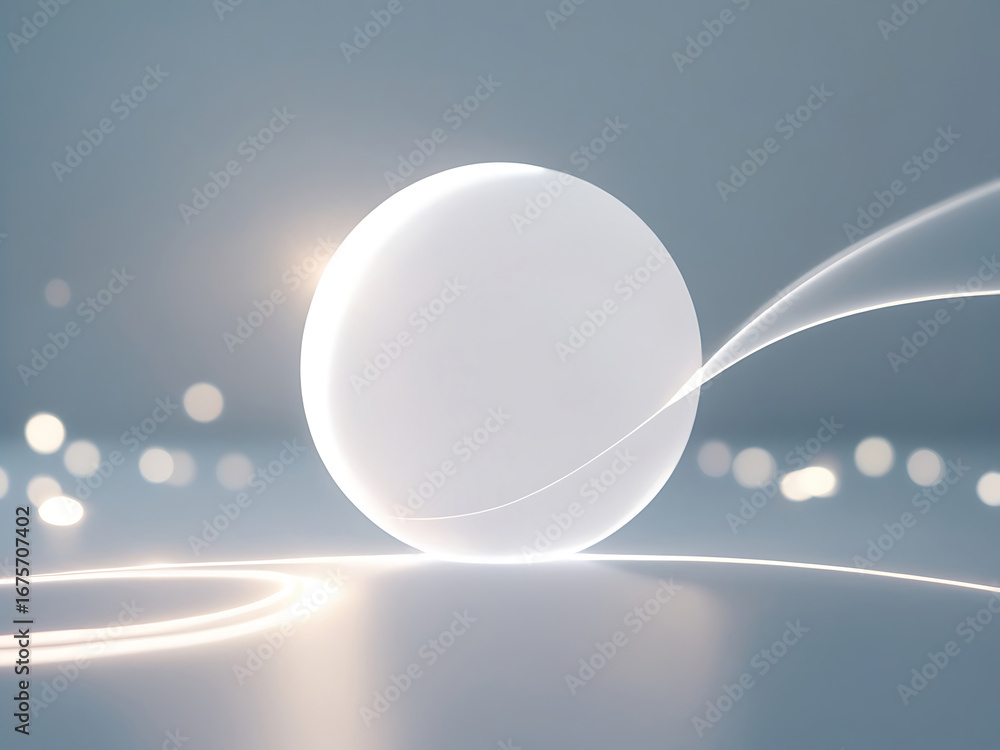 Poster abstract glowing white sphere with light trails and bokeh background representing innovation and tec