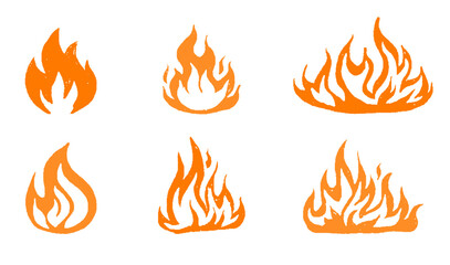 Hand drawn fire flames icon set. Vector sketch of orange crayon drawing fire flame collection isolated on transparent background