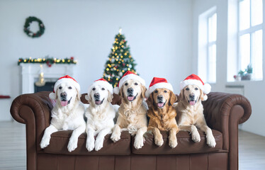 ソファに並んだ仲良しの犬たち
