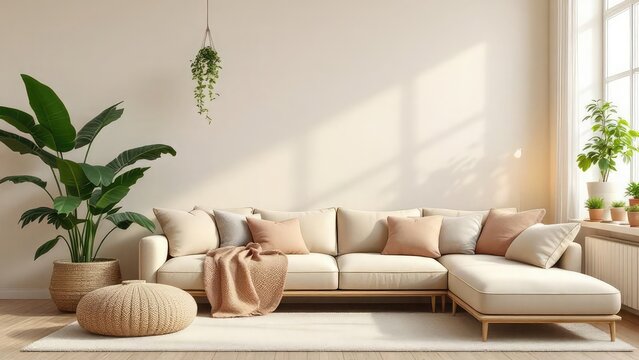 A living room with a large sectional sofa plants and a hanging plant in a bright and airy space