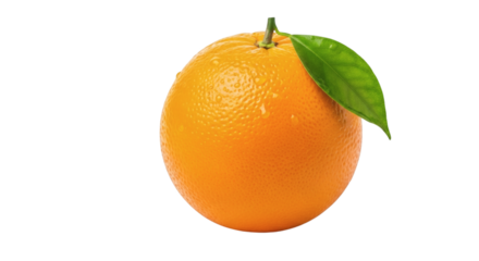 Isolated orange with refreshing water droplets, featuring vibrant color and glossy green leaf on black background
