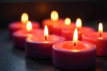 Close-up of several burning candles, wax dripping, soft focus, depicting stress relief and relaxation , cozy, scent, anxiety
