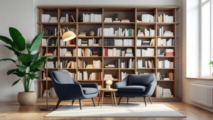 A cozy reading nook with a large bookshelf two armchairs and a floor lamp in a well lit room