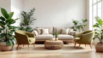 A living room with a beige sofa, two olive green armchairs, and several potted plants around the room