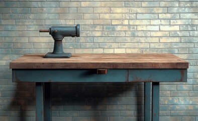 Rustic wooden workbench with blue metal legs and a vintage metal clamp vise against a light gray brick wall in a workshop setting