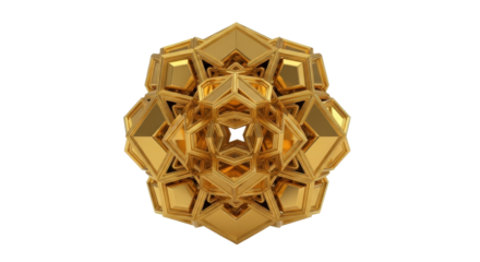 Golden geometric shape, complex structure, abstract rendering, isolated on white background.