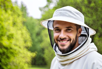 Man in a beekeeper suit smiling against a blurred nature background with copy space
