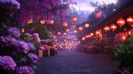 Enchanting lantern-lit street with vibrant flowers in serene evening glow