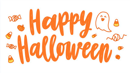 Spooky Greetings: Happy Halloween - Spooky candy, grinning ghost, and pumpkins in orange color for seasonal decoration.