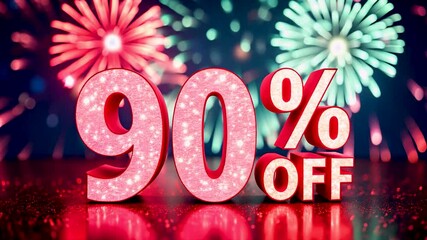 Glowing neon 90% Off sign with sparkling lights against a festive background of colorful fireworks, symbolizing huge discounts, shopping promotions, and celebratory sales. - Powered by Adobe