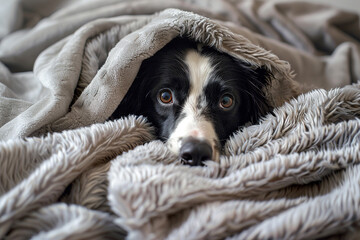 A beautiful Border Collie with big eyes peeking out from a cozy blanket. A cute and heartwarming pet image.