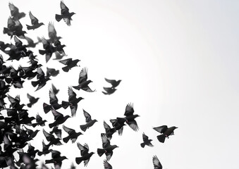 A large flock of birds flies against a white sky. A powerful and minimalist image of freedom.