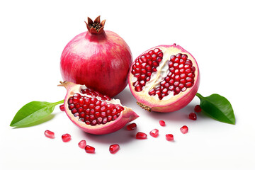 Whole and halved pomegranates with loose seeds on a white background. A vibrant and fresh still life.