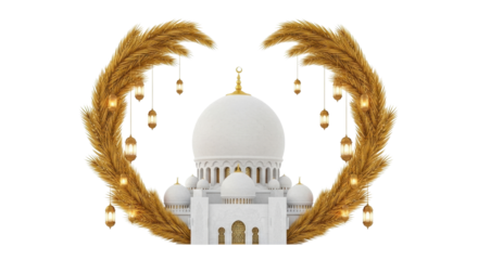 A white mosque is framed by wheat stalks and hanging lanterns against a white background.