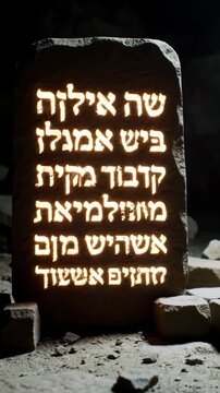 Glowing Hebrew Moses Ten Commandments Stone Tablet Illuminated with Divine Sacred Light, Religious Biblical Spiritual Documentary or Christian Jewish Faith